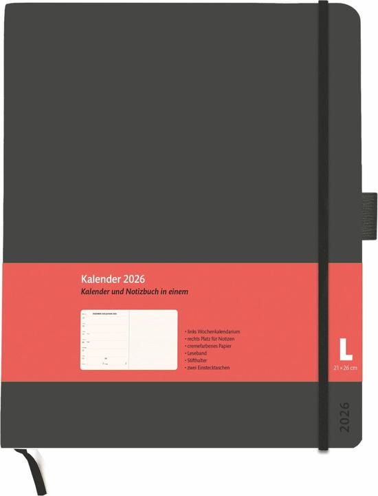 Produktbild Kombitimer schwarz gross 2026 (1 Woche / 2 Seiten)