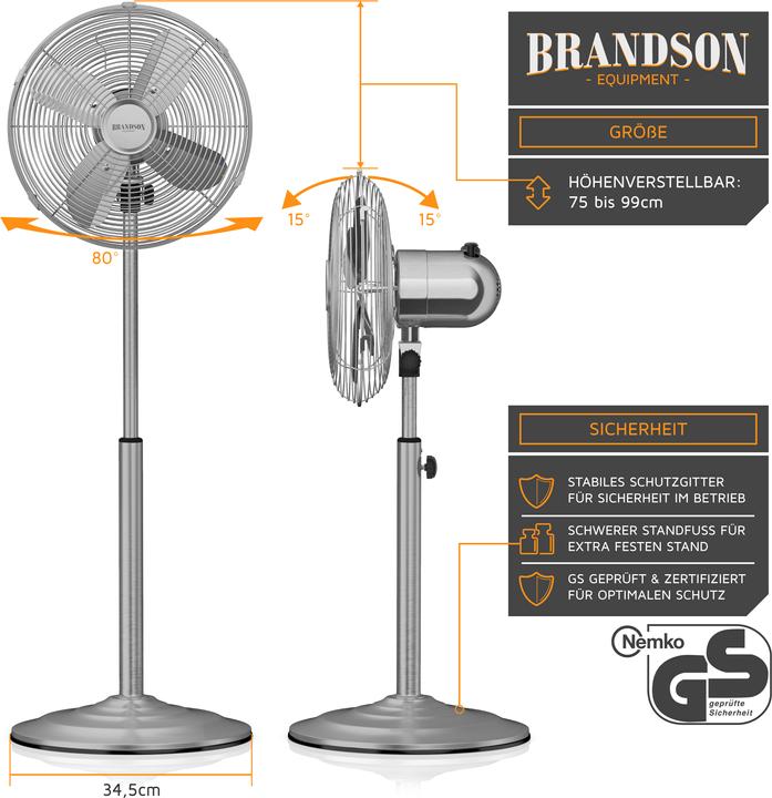Produktbild Brandson Standventilator 34cm Ø, Oszillation 80°, Neigbar 30°, 35W, Standlüfter, silber (54 dB)