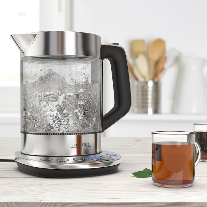 Image du produit Arendo Bouilloire 1,5 l, 2200 W, acier inoxydable & verre avec base, réglage de la température 70° C - (1.50 l)