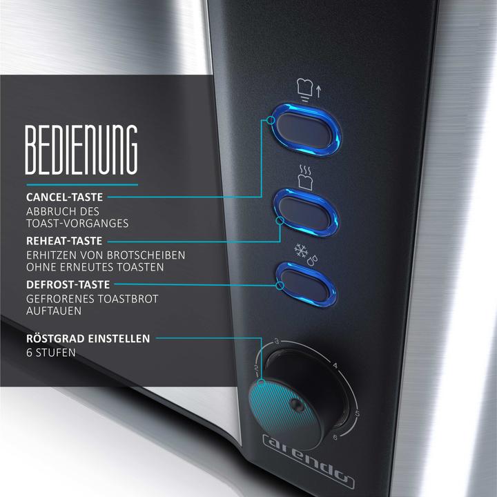 Produktbild Arendo Toaster Langschlitz für 2 Scheiben, 1000 W, Brötchenaufsatz, Wärmeisoliert, Display, silber