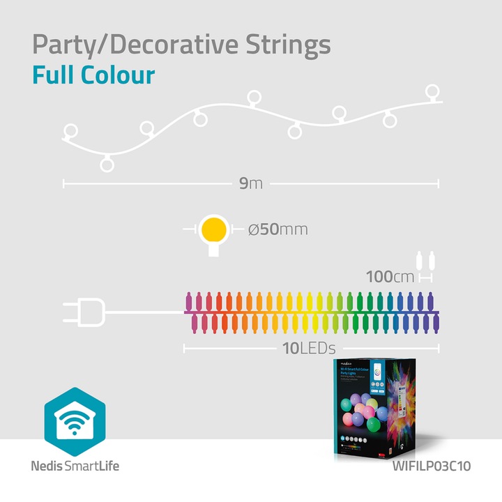 Image du produit Nedis SmartLife Décoratif LED Wi-Fi RGB 10 LED"s 9.00 m Android™ / IOS (9 m)