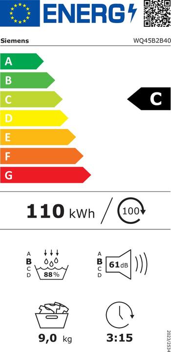 Label énergétique Siemens WQ45B2B40 (9 kg, Droite)