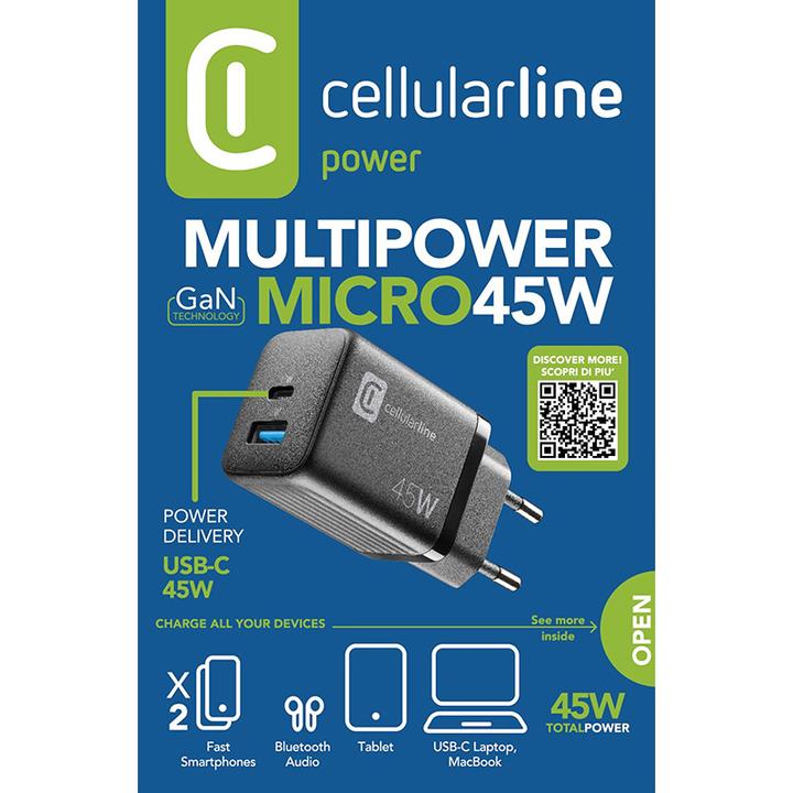 Image du produit Cellularline Chargeur de voyage 45W Multipower 1 x USB C et 1 x USB A ACHUSBGAN2PD45WK (45 W)
