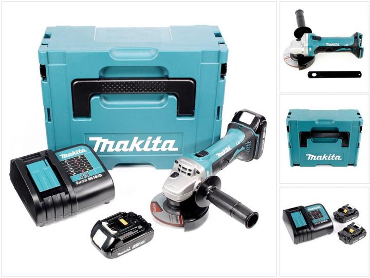 DGA 452 ( 837632-8 ), 1x chiave di montaggio, 1x smerigliatrice angolare a batteria Makita DGA 452 18V Li-ion, 2x batteria Makita BL 1820 B 2.0 Ah, 1x caricatore Makita DC 18 SD, 1x Makita Makpac, 1x inserto per BGA