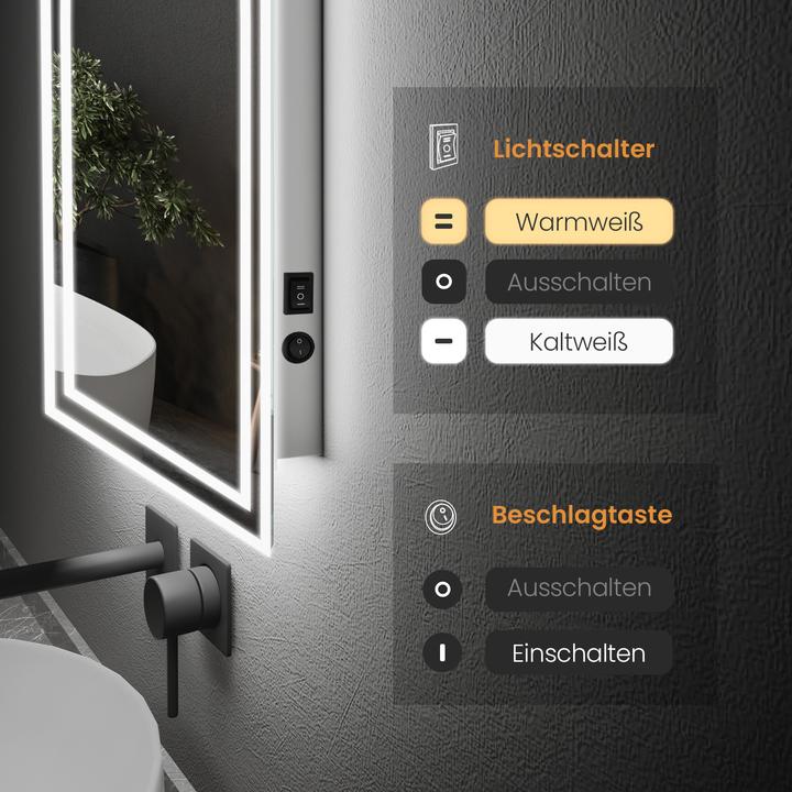 Produktbild Emke Badezimmerspiegel mit Beleuchtung 50*60cm,Beschlagfrei, 3000K/6500K,Tast Schalter