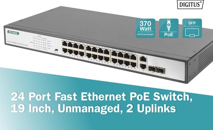Actual product image Digitus 24-port Fast Ethernet PoE Switch (26 Ports)