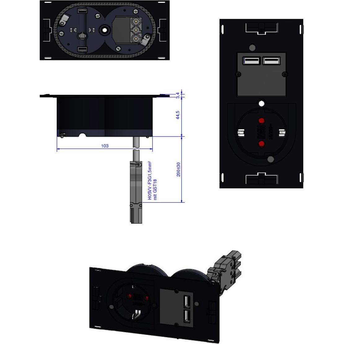 Thumbnail - Bachmann, Steckdosenleiste, DUE Set 1xDUE CEE7/7+USB (1 x, CEE 7/7, 0.20 m)