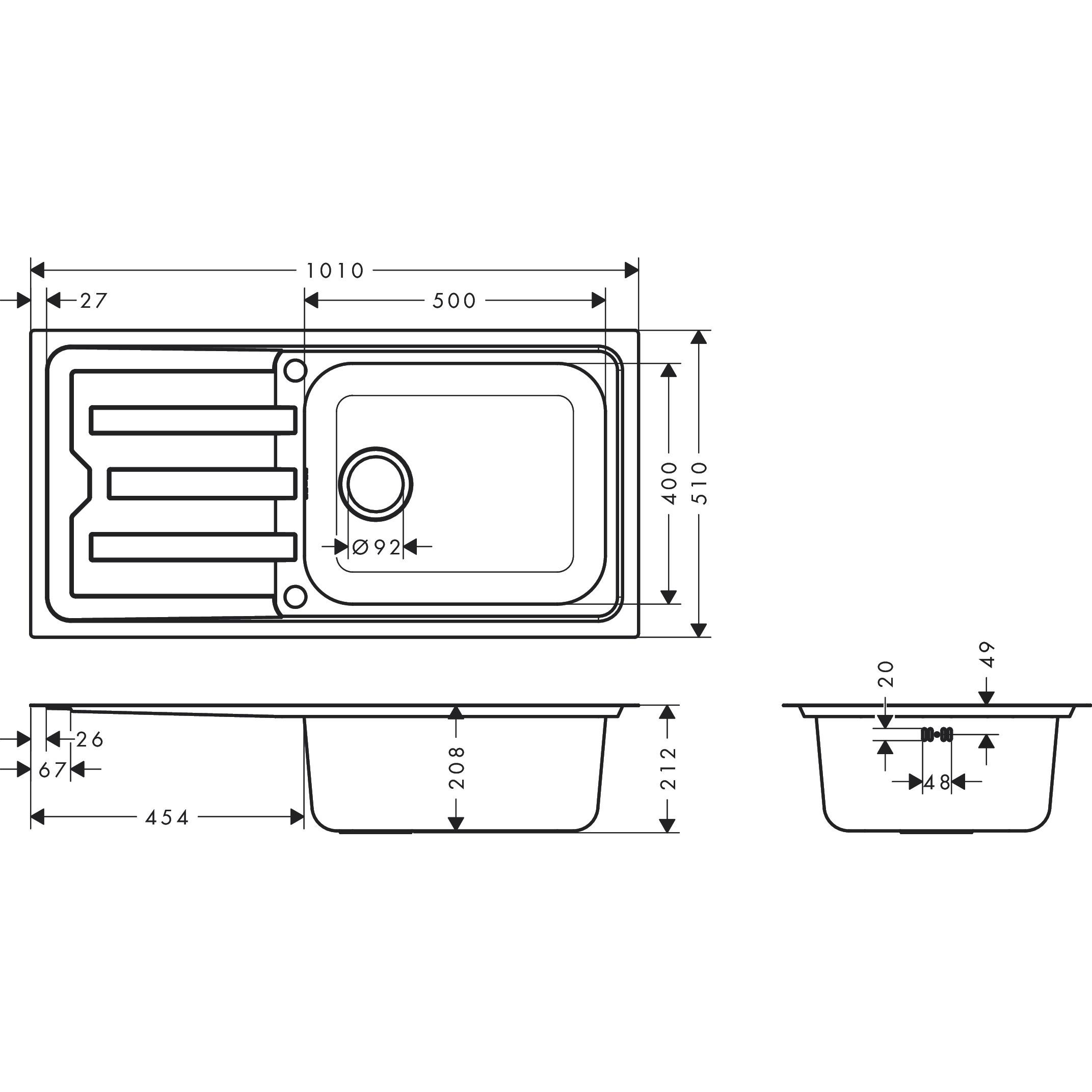 Thumbnail - hansgrohe, Spülbecken, S44 Einbauspüle 500, Edelstahl, mit Abtropffläche, 1010x510mm, flächenbündiger Einbau (Einbauspül...