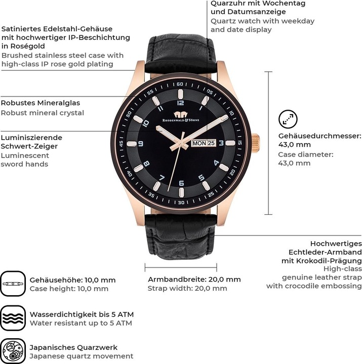 Image du produit Montre à quartz pour homme Couragian en cuir véritable noir - 4470 (Montre analogique, 43 mm)