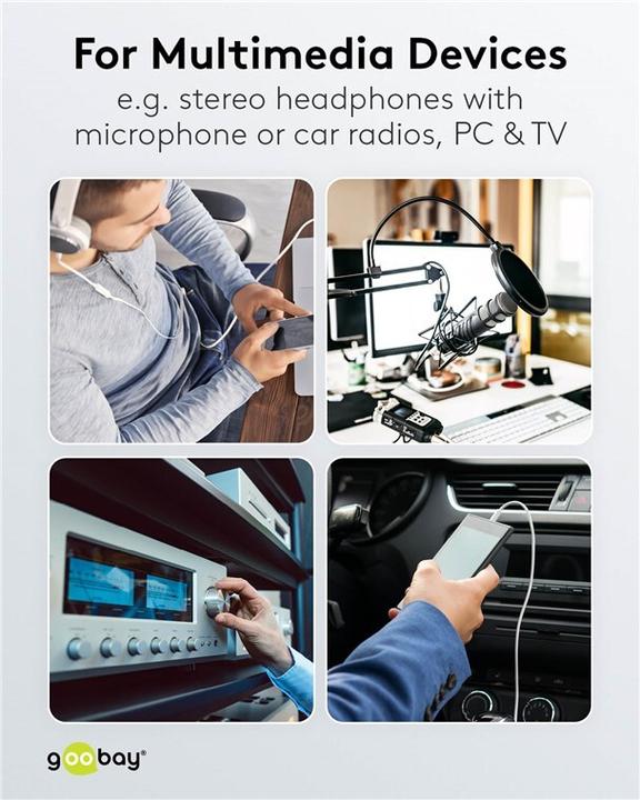 Actual product image Goobay Headphone and audio extension cable AUX, 4-pin 3.5 mm slim, CU (0.50 m, 3.5mm jack (AUX))