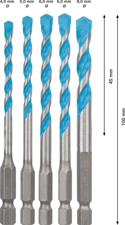Produktbild Bosch Professional Zubehör EXPERT HEX-9 MultiConstruction Bohrer-Set, 4/5/6/6/8 mm, 5-tlg. (8 mm, 5 mm, 6 mm, 4 mm)