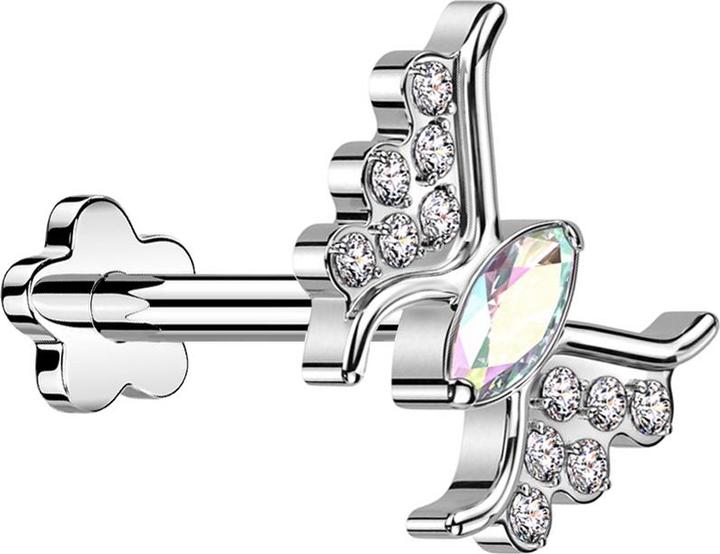 Image du produit Star Piercing Micro Threadless Labret Fleur argenté Papillon argenté Cristal multicolore (sans laiton, Titane)