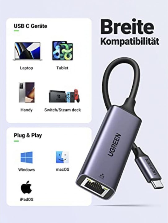 Produktbild Ugreen Gigabit Ethernet Adapter (USB-C 3.1 Gen 1, RJ45 (1x))