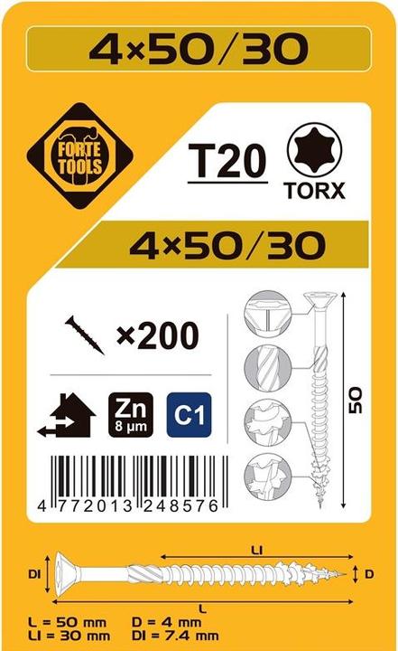 Actual product image Forte tools CHIPBOARD SCR T20 4.0X50/30 WHITE ZN(200 (200 Screws per piece)