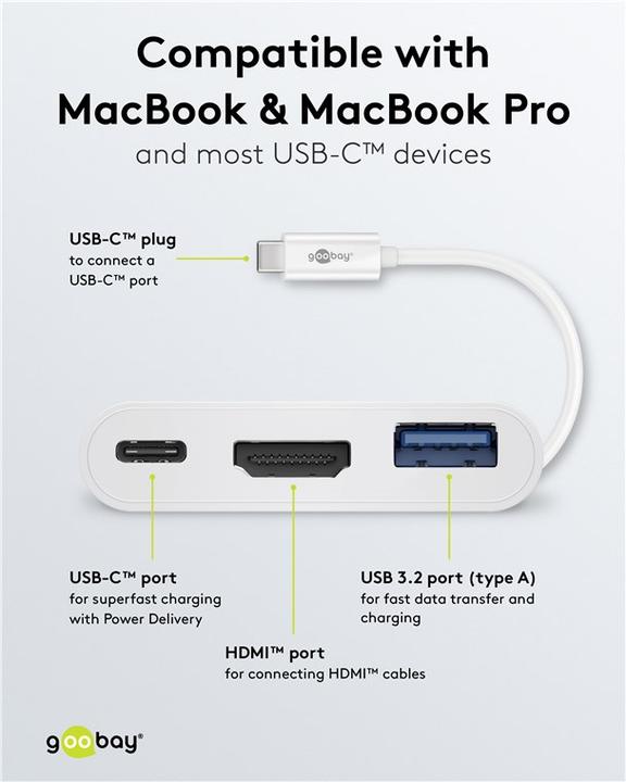 Immagine prodotto Goobay USB-C™ Multiport Adapter HDMI, bianco, 0,15 m (USB-C, 3 porte)