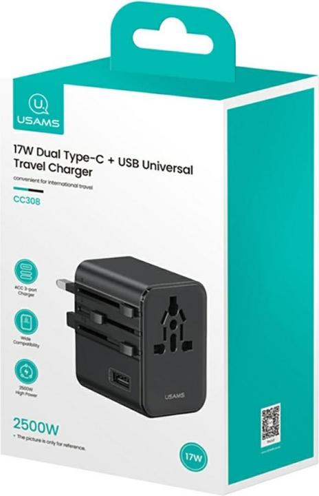 Actual product image Usams Travel Charger Adapter CC308 2xUSB-C 17W 4in1 US/AU/EU/UK black (17 W, 3 ports)