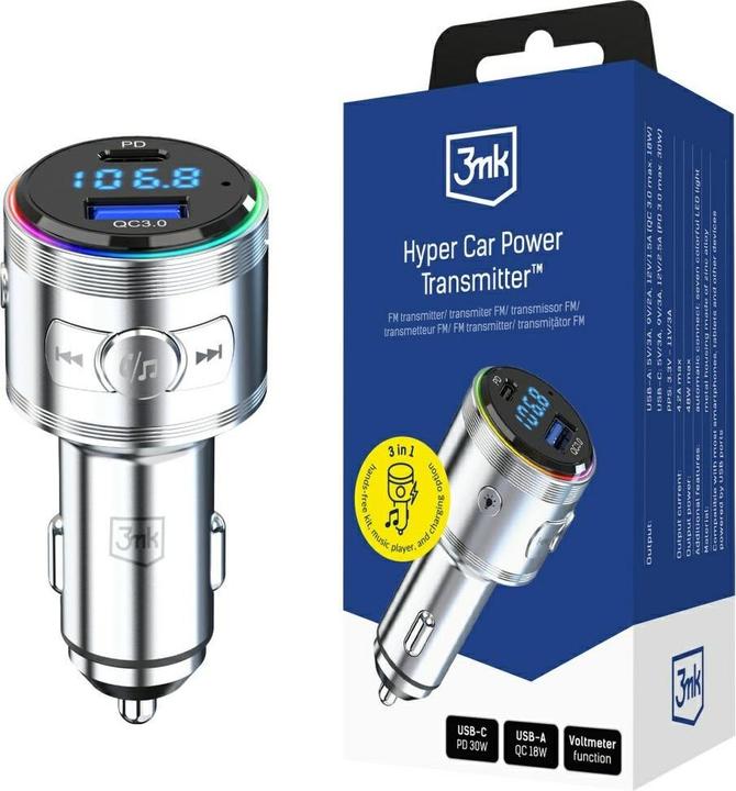 Actual product image 3MK Hyper Car Power Transmitter 48W QC PD PPS USB-C/USB-A with Audio Transmitter Silver