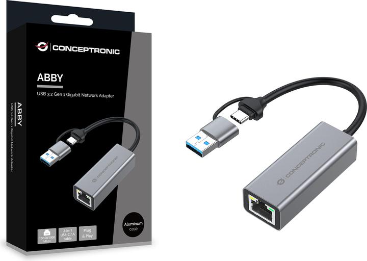 Produktbild Conceptronic Gigabit USB Networkadapter 10/100/1000Mbps gr (USB, RJ45 Gigabit Ethernet (1x))