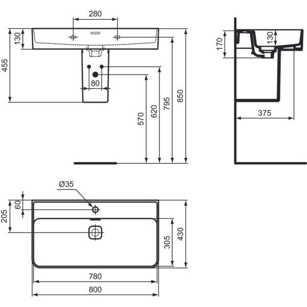 Thumbnail - Ideal Standard, Waschbecken, IDS Waschtisch STRADA II 1 HL Use geschli 800x430x170mm weiss I+ (430 mm, 800 mm)