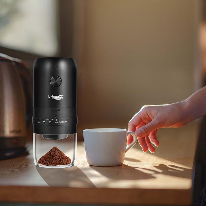 Actual product image LifenaXX Mobile Elektrische Kaffeemühle, kabellos, USB-C Akku-Betrieb, 8,3 x 8,3 x 18,6 cm