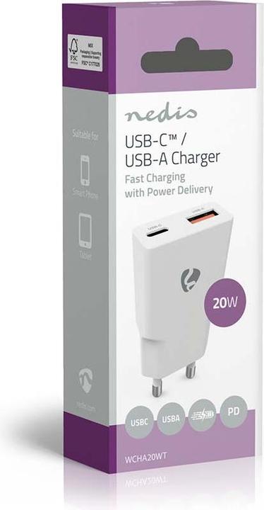 Produktbild Nedis Netzladegerät | 20 W | GaN | PD3.0 | Schnellladefunktion | 1.5 / 2.0 / 2.22 A / 3.0 A | Anzahl (20 W, 2 Ports)