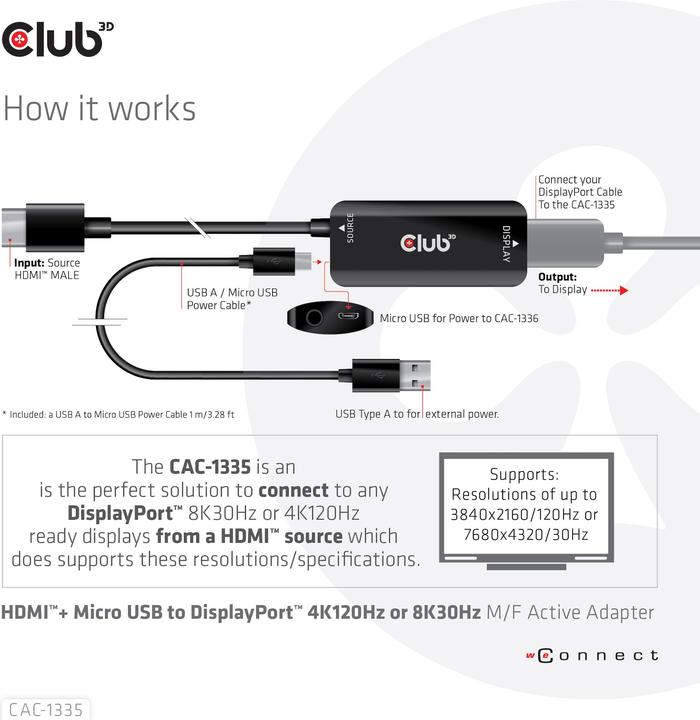 Produktbild Club 3D HDMI + Micro USB zu (DP, 6 cm)