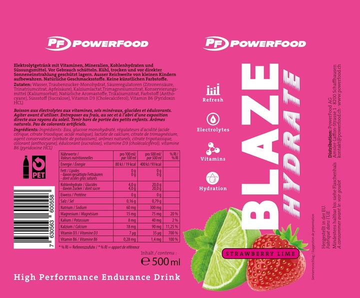 Nährwerte und Zutaten Powerfood PowerFood Blaze Hydrate (500ml) (Strawberry Lime, 30 x)