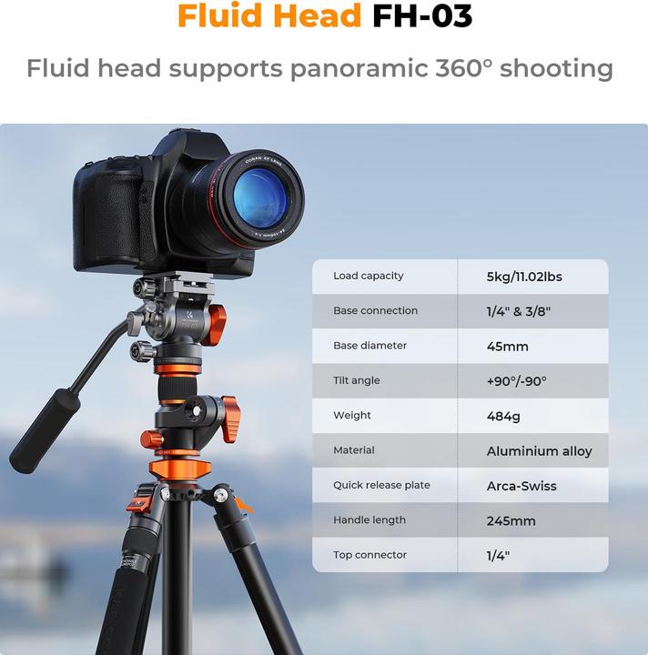 Produktbild K&F Concept T254A7+FH-03 Magnesium Aluminum Alloy Tripod (Metall)