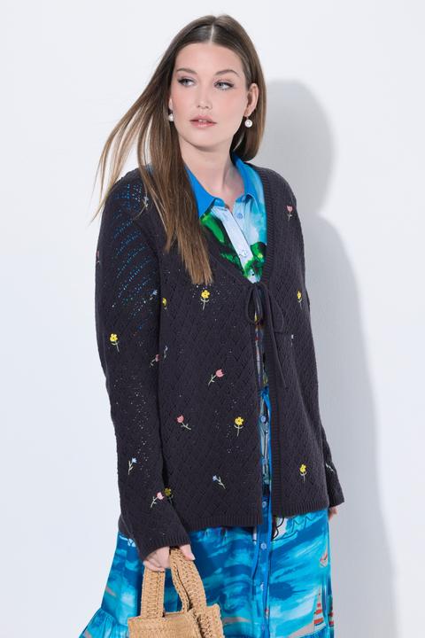 Produktbild Ulla Popken Strickjacke, Stickblüten, V-Ausschnitt, Langarm (62)