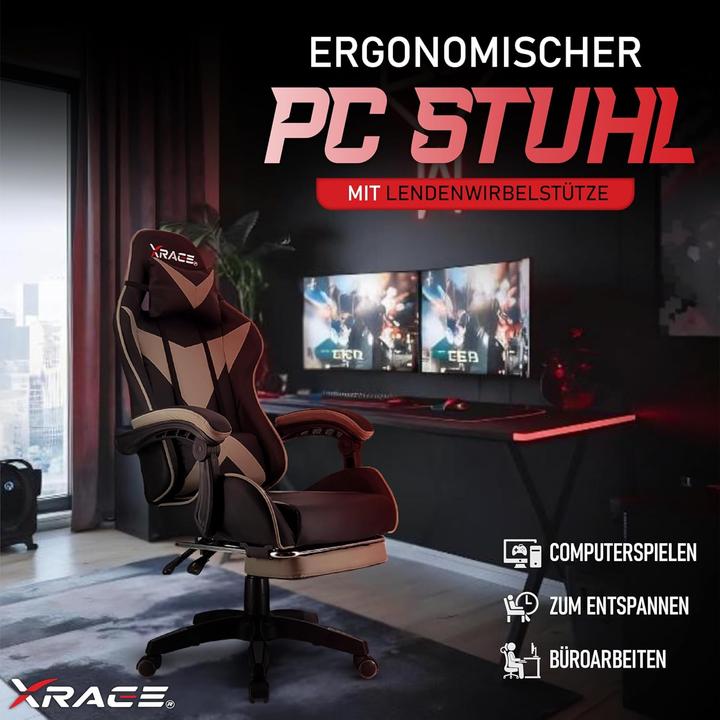 Image du produit XRace Ergonomischer Gaming-Stuhl mit Lendenwirbelstütze und Fussstütze