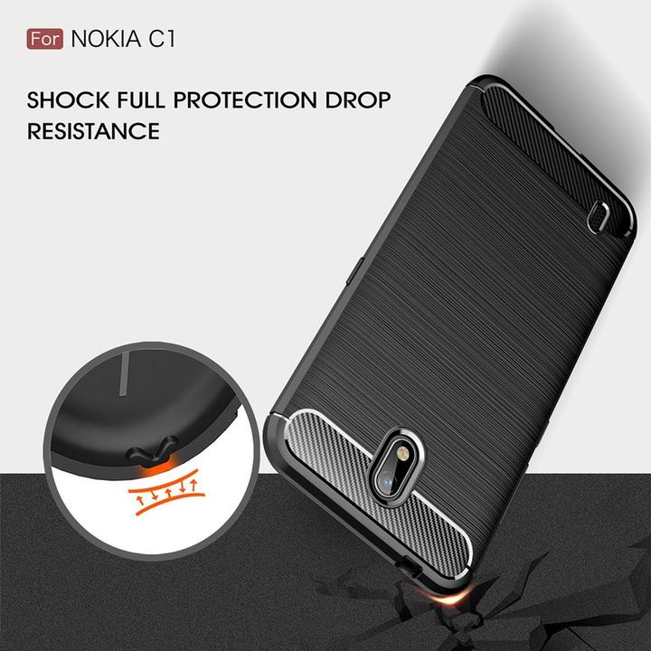 Produktbild König Design Hülle Handy Schutz für Nokia C1 Case Cover Bumper Carbon Optik Etui TPU Schwarz (Nokia 1)