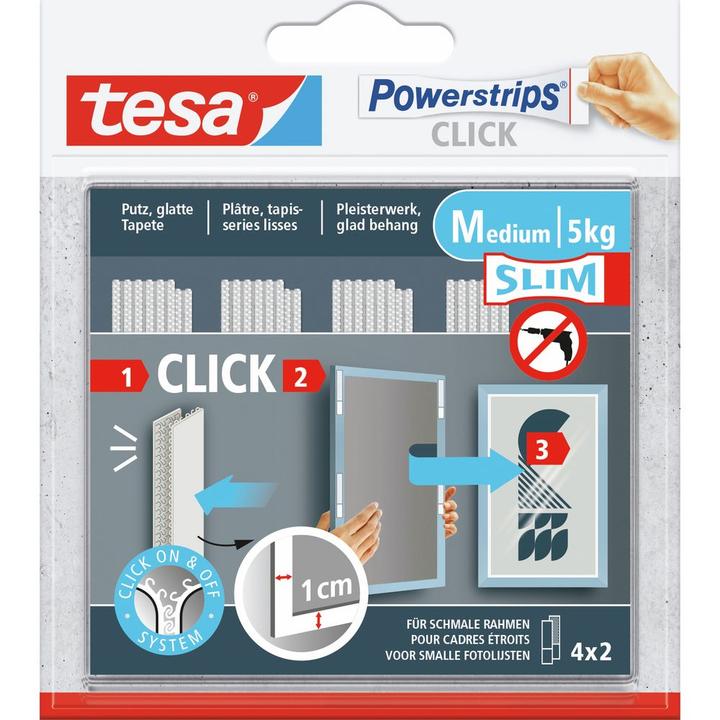 Immagine prodotto tesa Powerstrips CLICK - Klett-Klebepads - Bilder aufhängen ohne Bohren -Slim - 4 x 2 Stück (120 mm, 5 kg)