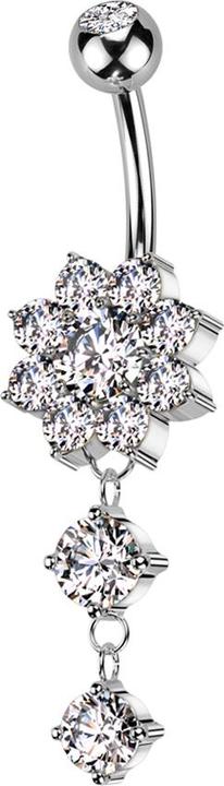 Produktbild Star Piercing Banane silber mit Kugel Kristall silber und Blume Kristalle silber Anhänger zwei runde Kristalle (Messing, Chirurgenstahl 316L)