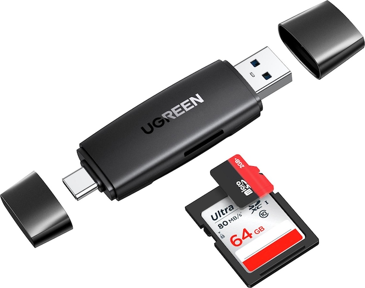 Immagine prodotto Ugreen CM304 Adattatore USB + USB-C Lettore di schede SD + microSD (nero) (USB-C)