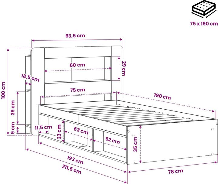Produktbild vidaXL Bettrahmen (75 x 190 cm)