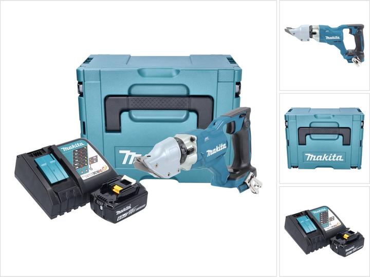 1x Makita DJS 200 Akku Blechschere, 1x Flachrundkopfschraube M4x12 ( 266622-8 ), 1x Einhängebügel ( 346317-0 ), 1x Makita BL 1860 B 18 V6,0 Ah Akku, 1x Makita DC 18 RC Akku Schnell Ladegerät, 1x Makita Makpac, 1x passende Einlage