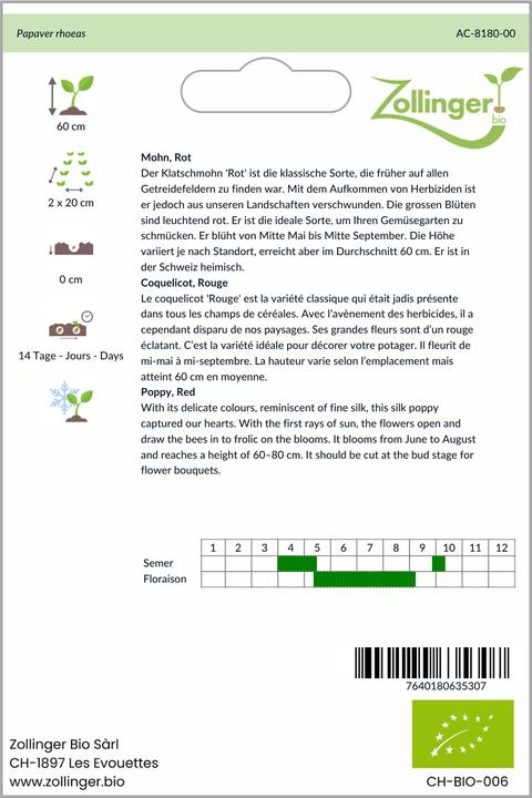 Produktbild Zollinger Bio Mohn, Rot (einjährig überwinternd)