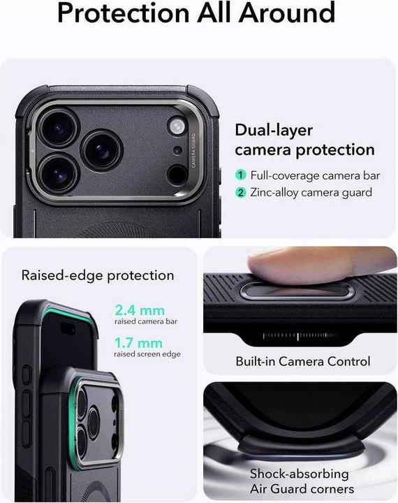 Actual product image ESR Cyber Tough Magnetic Case (Camera Control, Stash Stand), for iPhone 17 Pro Max, Black (Apple iPhone 17 Pro Max)