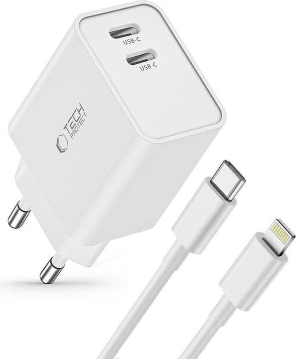 Produktbild Tech-Protect C35W 2x USB-C PD 35W network charger with USB-C / Lightning cable - white (35 W, 2 Ports)