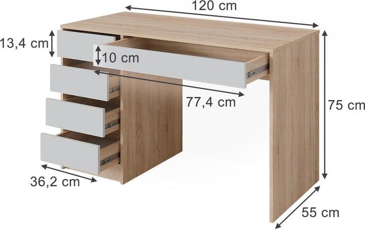 Produktbild Vicco Schreibtisch Sherry, Sonoma/Weiss, 55 x 120 cm mit Schubladen (120 x 55 x 75 cm)