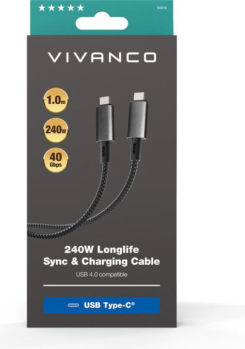 Produktbild Vivanco Longlife USB4.0 C-C Kabel, Metallstecker u. Nylon- geflecht, 5A / 240W, schwarz, 1,0m (1 m, USB 4.0)