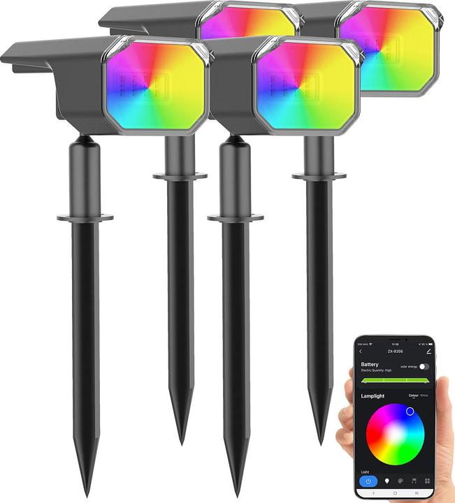 Actual product image Luminea Smart solar spotlights, RGB CCT LED, 100 lm, 2,200 mAh, 1 W, IP65, set of 4 (100 lm, IP65)