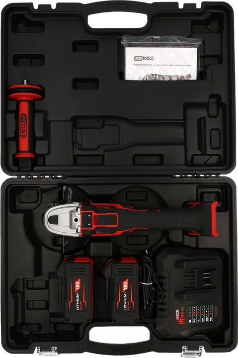 Actual product image KS Tools eMONSTER brushless cordless angle grinder set, 4-piece | 18 volt, 2 batteries and charger (125 mm)