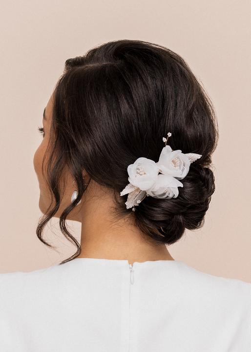 Immagine prodotto Trisa Pettinatura Celebride in oro delicato con fiori in tessuto e foglie di perle