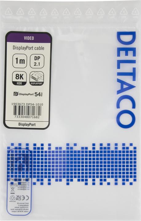 Image du produit Deltaco DisplayPort cable, DP 2.1a, DP54, 1,0m (1 m)