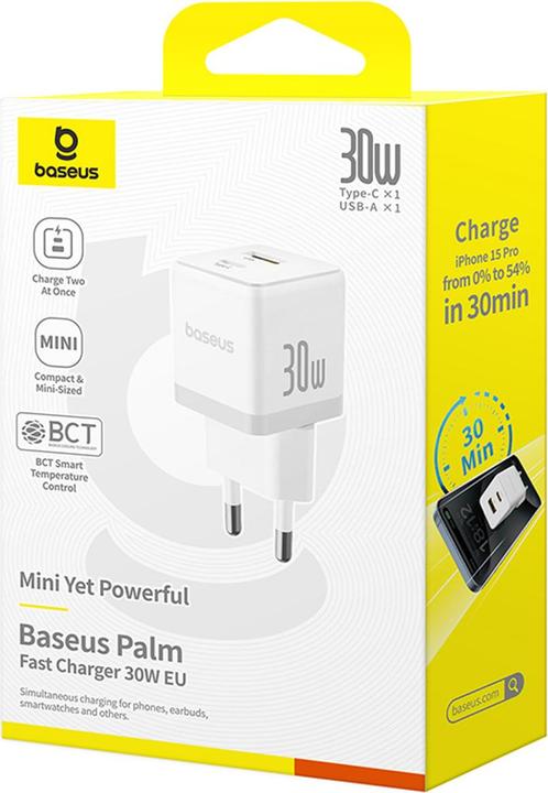 Productafbeelding Baseus - Wall Charger Palm (P1011160A213-00) - Fast Charging, 2in1, USB, Type-C, 30W - Moon White (30 W)