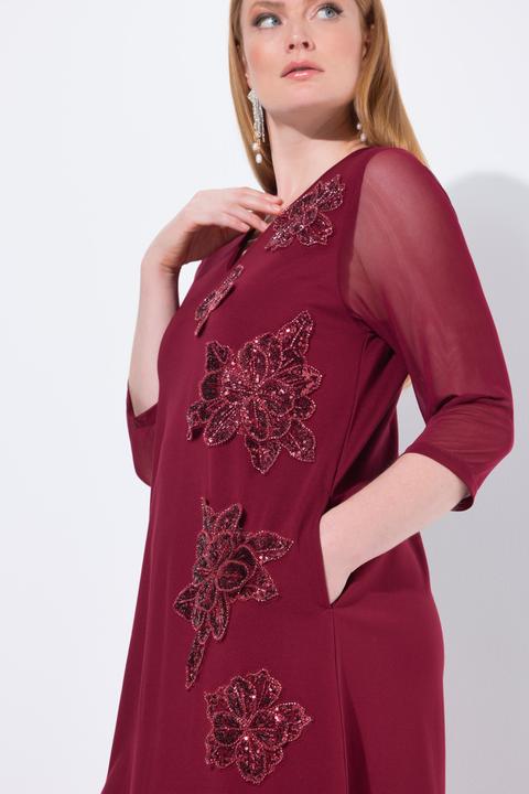 Image du produit Ulla Popken Robe en point de Rome, fleurs en paillettes sequins, décolleté en V, manches 3/4 et poches (50, 52)
