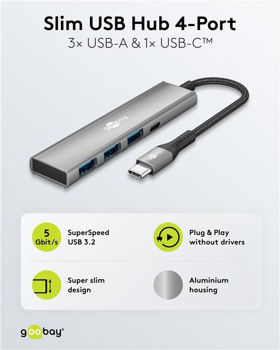 Productafbeelding Goobay Slim 4-Port USB-Hub, USB-C auf USB-C/USB-A, 5 Gbit/s (USB-C, 4 ports)