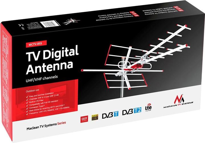 Image du produit Maclean MCTV-855 MCTV-855 Antenne Lauko TV DVB-T Combo UHF VHF passive max 100dBuV (Antenne plate, 14 dB, DVB-T / -T2)