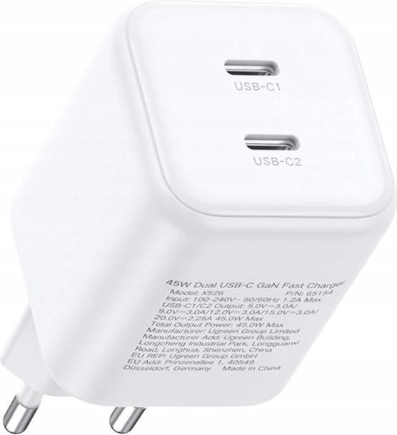 Actual product image Ugreen - Wall Charger X526 (65154) - 2x USB-C, GaN, Fast Charger, 45W - White (45 W, 2 ports)